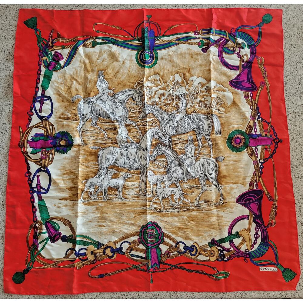 VTG Sun Kgung SA Equestrian Riding Red Gold Multi Jewel Tone Gucci Scarf✨️34x34